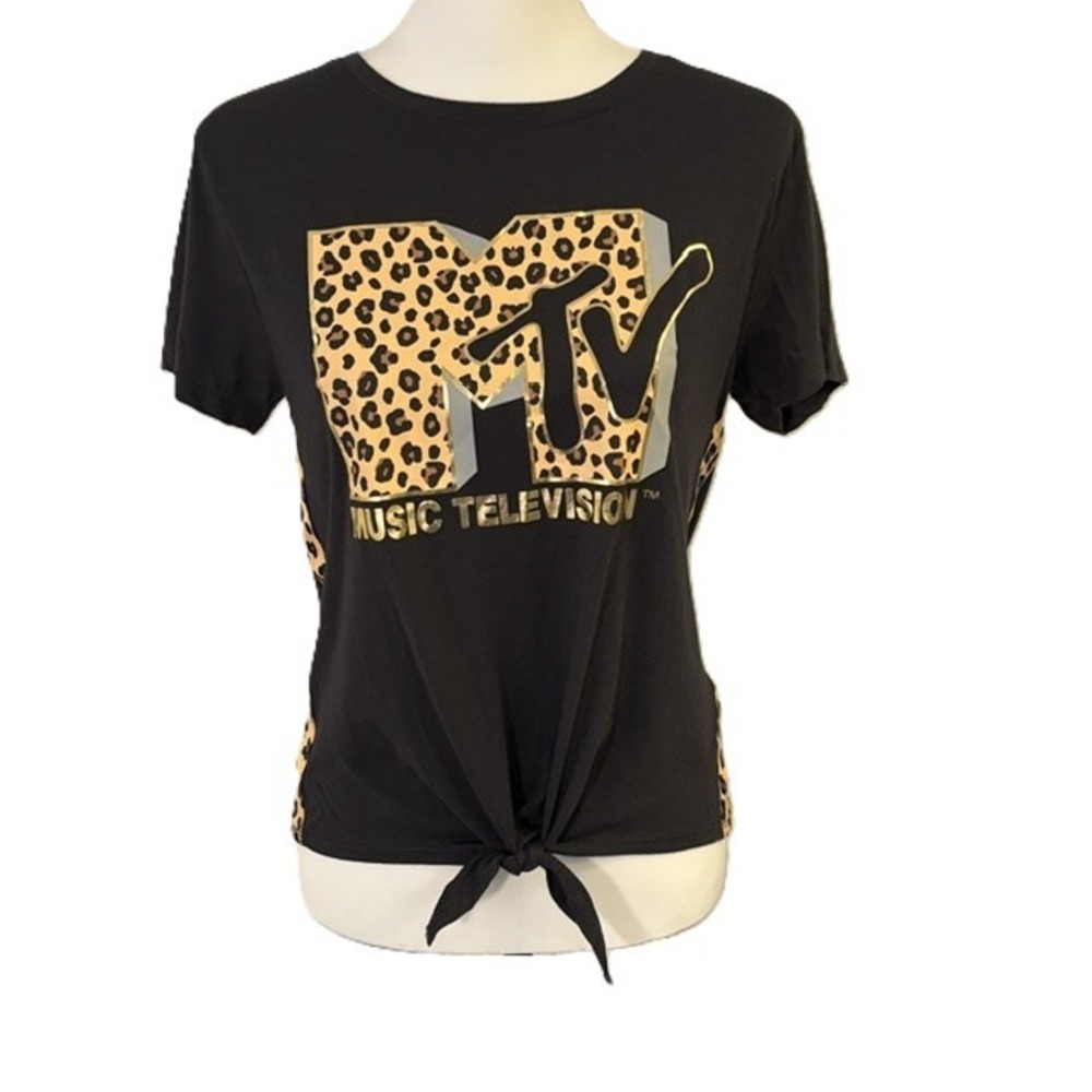 MTV Graphic Tee Black Leopard Print Front Tie Women Small Excellent
